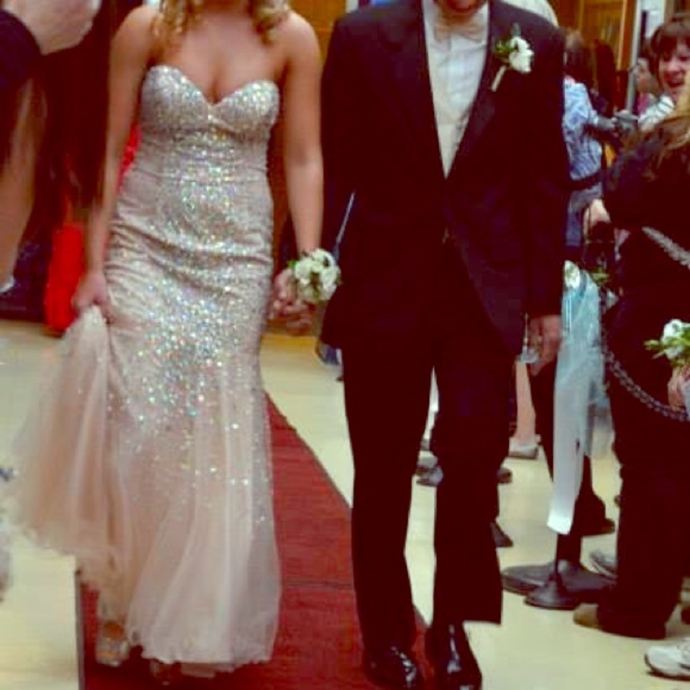Nude strapless mermaid fit prom dress